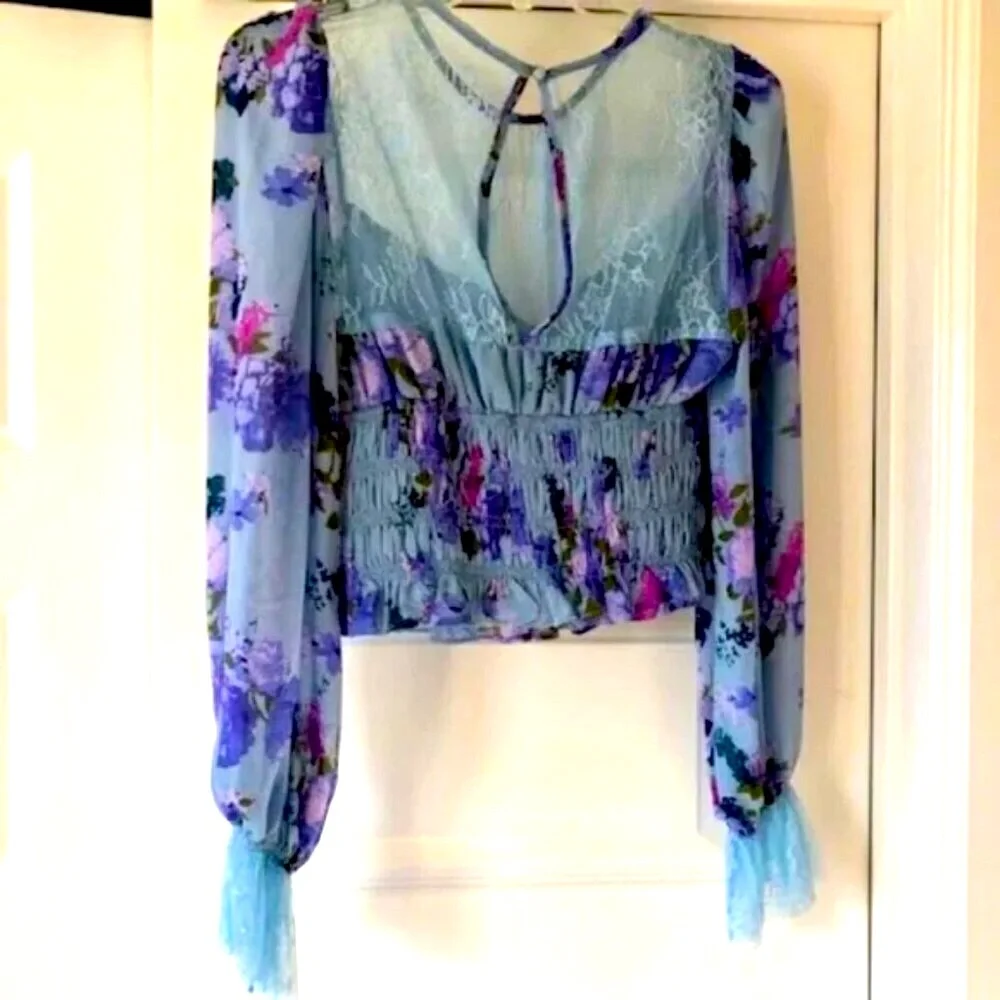 NWT FREE PEOPLE Daphne Crop Peasant Blouse Floral & Lace Smock Waist S